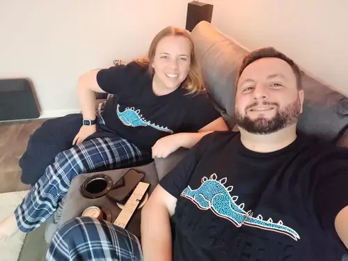 Probably our best idea ever. Matching PJs and a film. Note: This picture is flipped somehow, so is very confusing to look at.