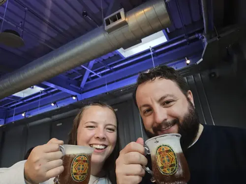 Drinking butter beer in the Harry Potter Studios in London.
